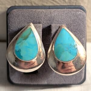 Vintage Turquoise Sterling Silver Teardrop Clip On Earrings